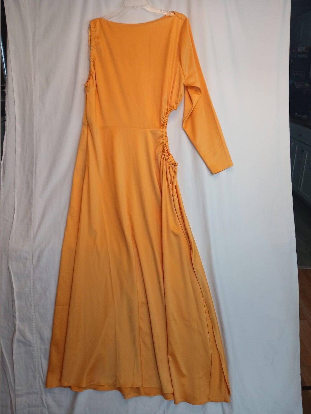 Yellow Orange Satin One Sleeve Side Cutout Maxi Dress 2X FTF 2